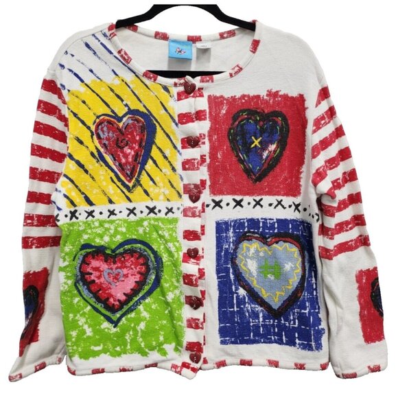 Sportelle Sweaters - VTG 90s Sportelle Womens Wearable Art Cardigan Medium Heart Print Button Front